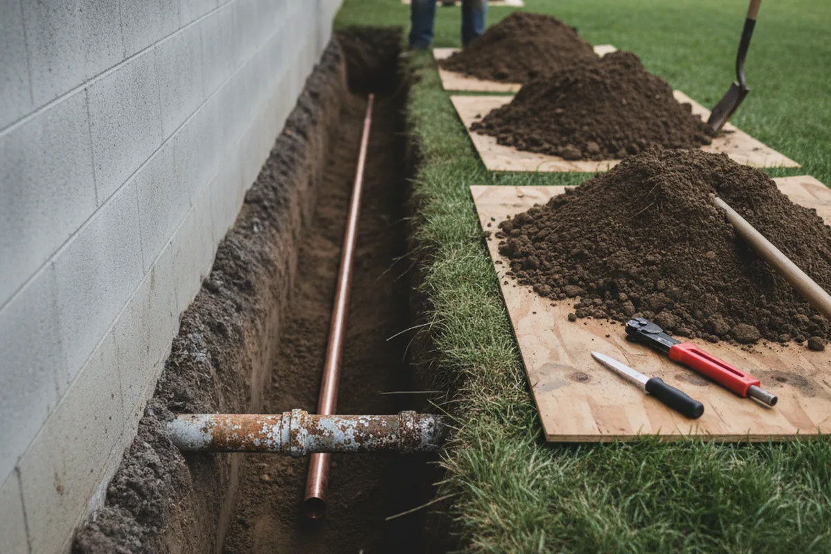 Excavated water line trench during Sewer Line Repair in Wellston